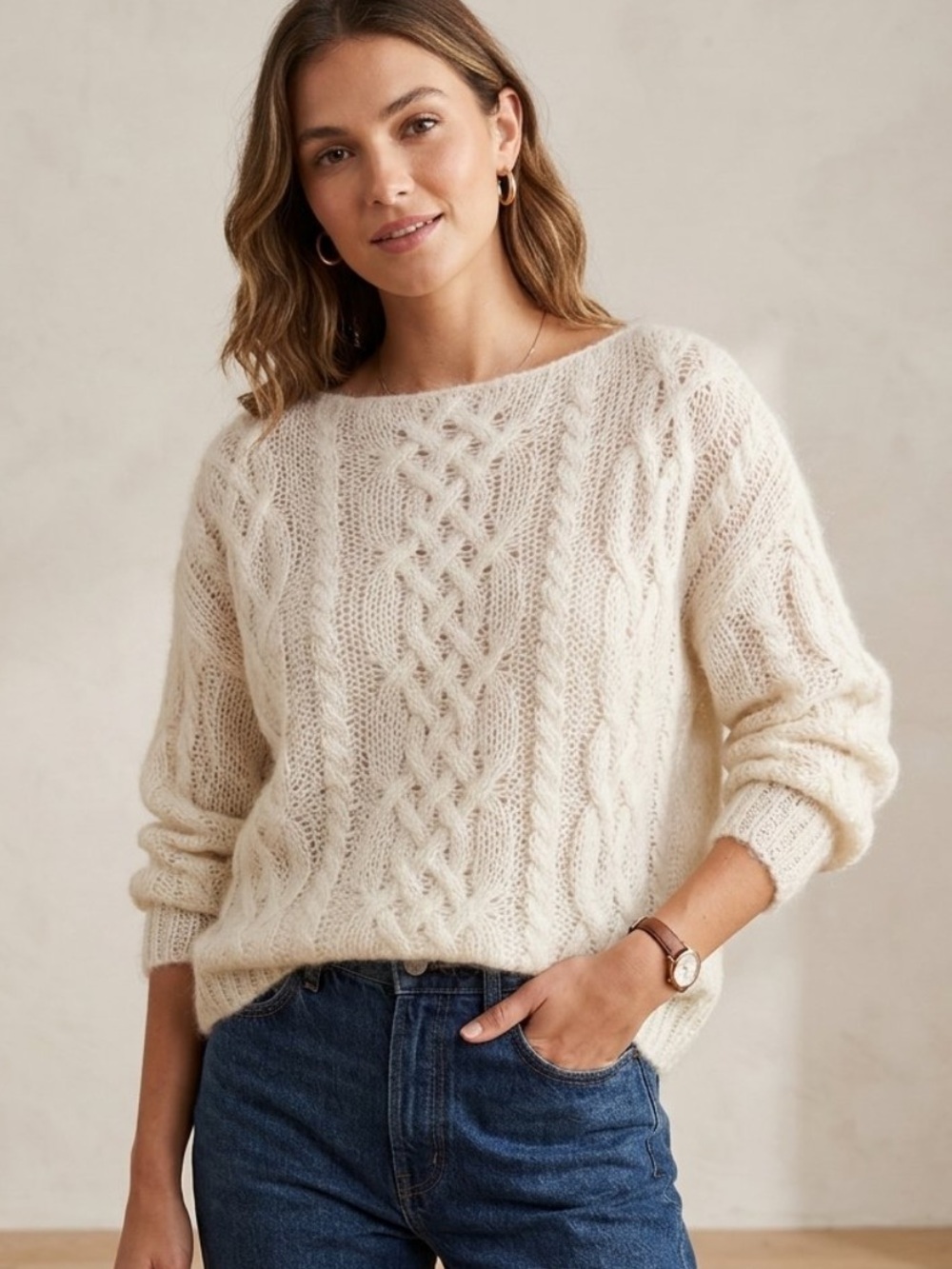 VTG The Limited The America Collection Hand Knit Mohair Cable Sweater Cream S